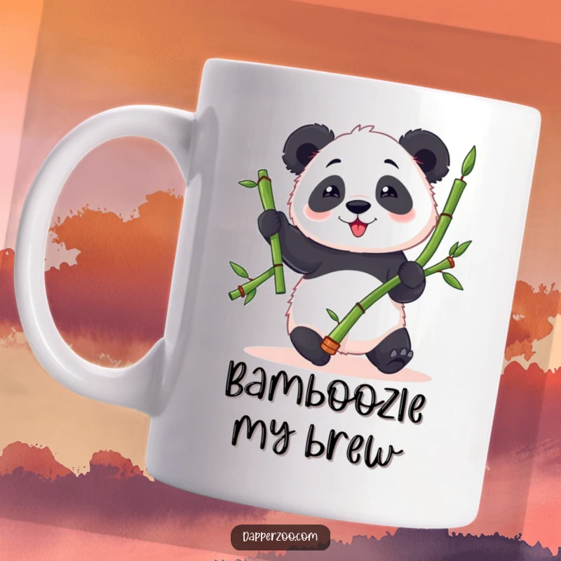 Funny panda mug featuring a fluffy panda character attempting to juggle three bamboo stalks with clumsy, wide-eyed delight.