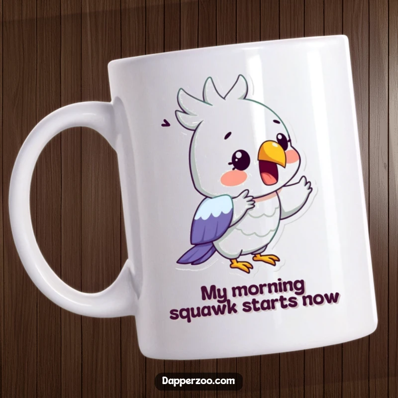 Funny mug featuring a surprised parrot dramatically reciting with its beak wide open, perfect for gift-givers.