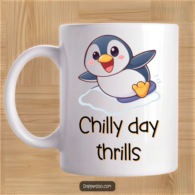 Funny penguin mug featuring a cute cartoon penguin character excitedly sliding down an icy slope on its belly with wide, joyful eyes.