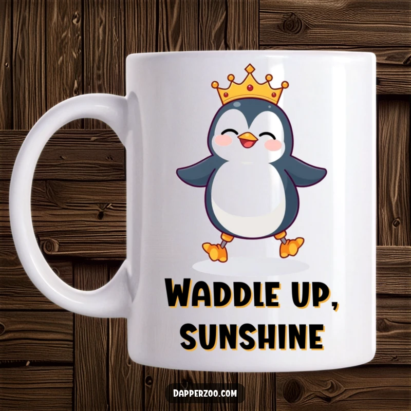 Funny penguin mug, tiny ill-fitting crown, giggling, attempting to waddle on stilts, embodying regal comedy and awkward charm.