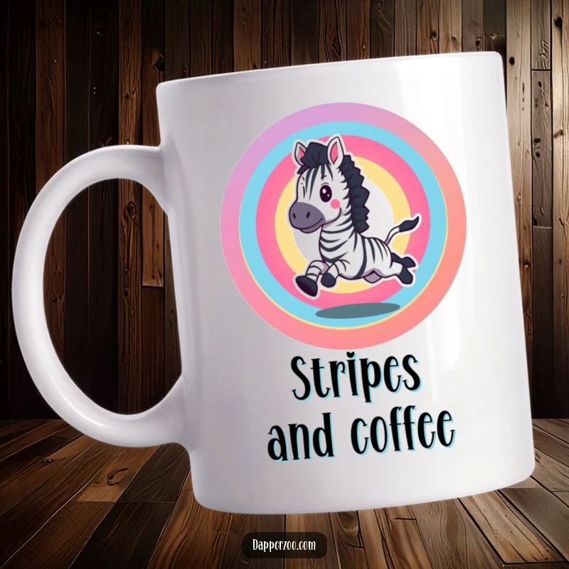 Funny mug with an excited zebra galloping in a rainbow circle, a joyful and colorful gift.