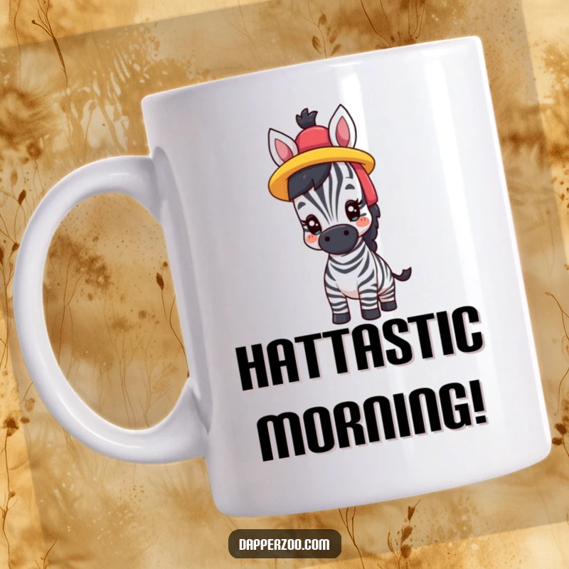Funny mug featuring a proud zebra character comically trying on a ridiculously bright and colorful hat, showing off its unique style.