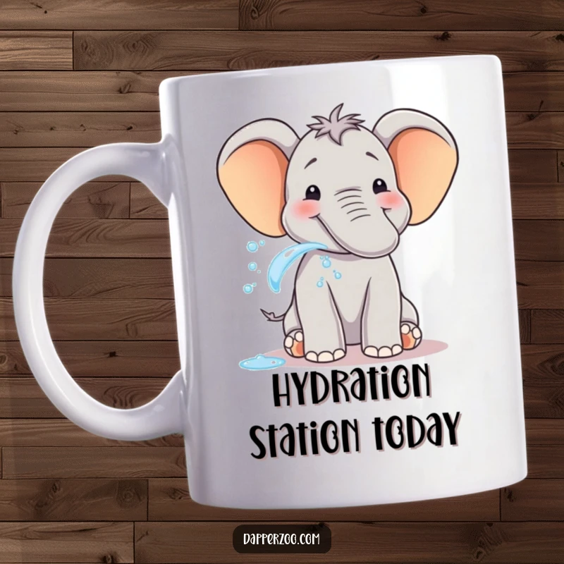 Funny smiling elephant mug spraying water from trunk with pure delight, a cheerful and comical scene, great for gift.