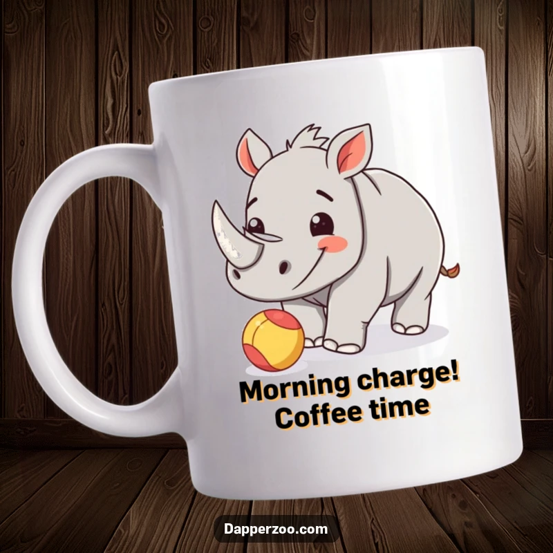 Funny happy rhinoceros calf mug playfully nudging a small, brightly colored ball with its nose.