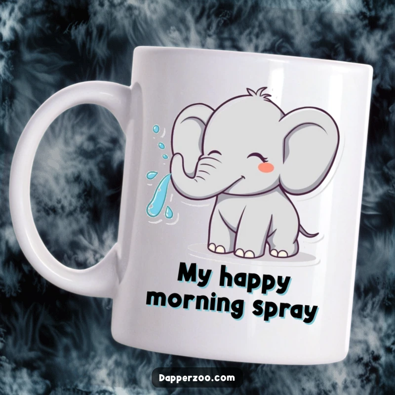 Funny cheerful elephant character spraying water from its trunk in a joyful arc on a ceramic mug.