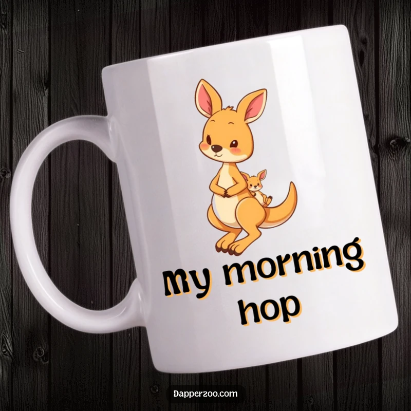 Funny mug featuring a curious kangaroo character hopping along with a tiny, adorable joey peeking out from its pouch.