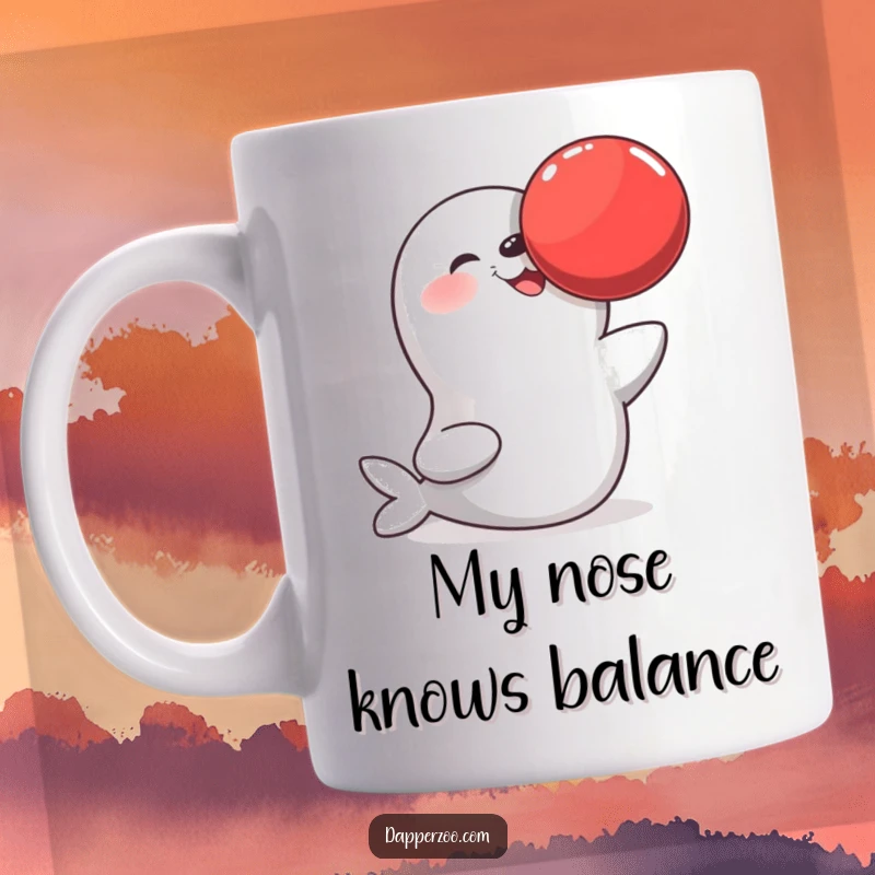 Funny mug featuring a cheerful seal character expertly balancing a big red ball on its nose, radiating pure happiness and playful charm.