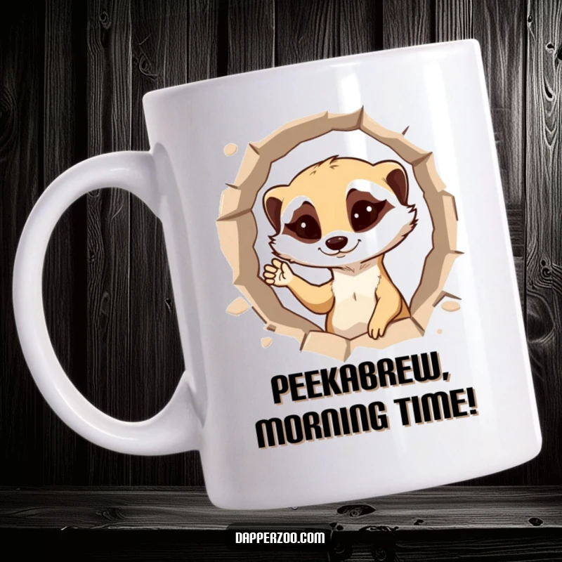 Funny mischievous meerkat mug popping up from a hole, giving a cheeky wink and a playful wave.