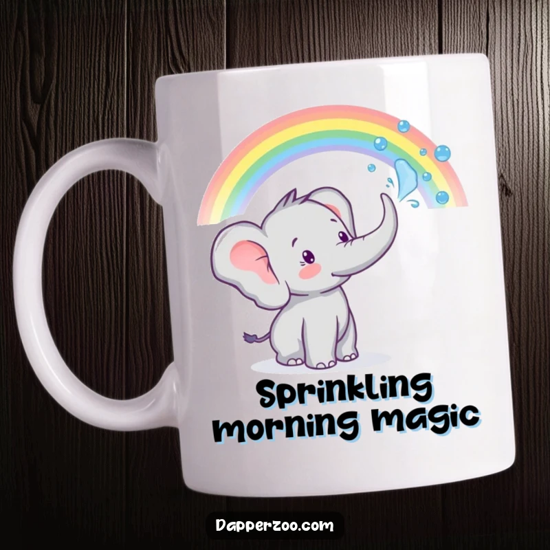 Funny tiny elephant character sprays water from its trunk to create a beautiful rainbow on this mug.