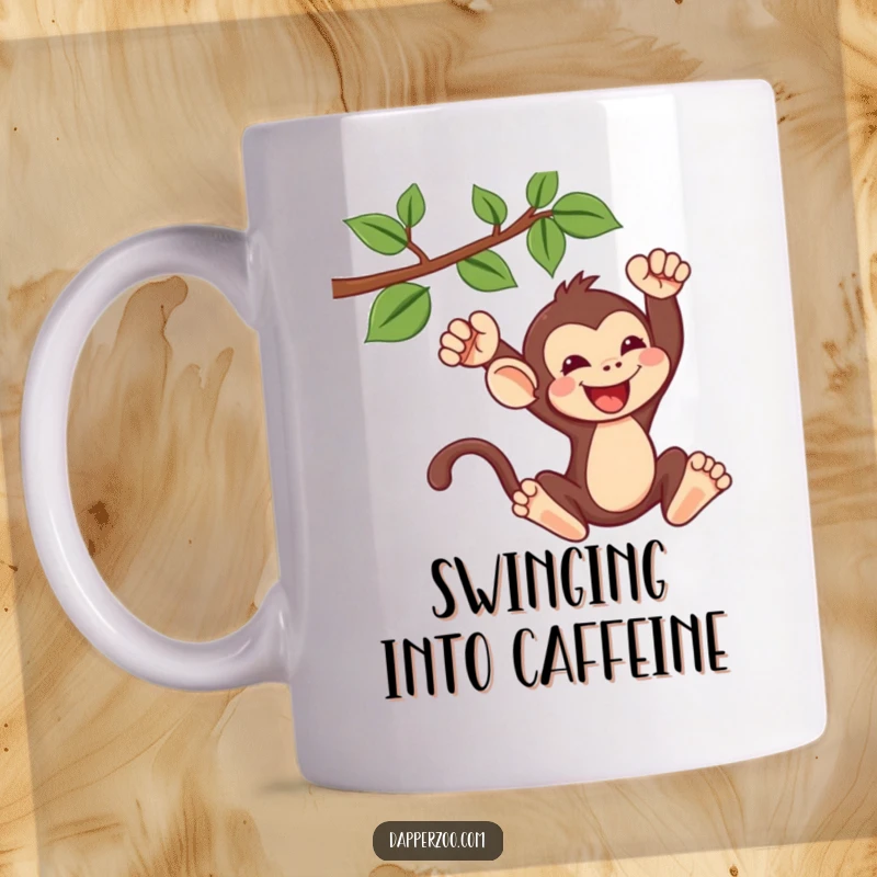 Funny kawaii monkey mug showing a cute monkey gleefully swinging from a vine, capturing a moment of pure joy.