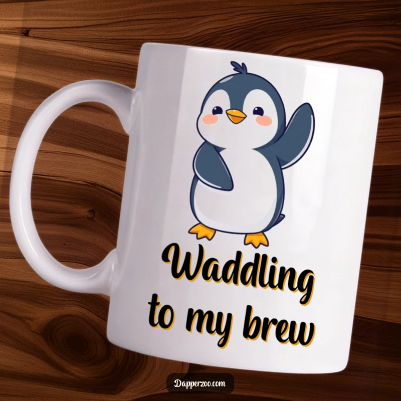 Funny kawaii penguin mug showing a cute penguin comically waddling with flippers in the air, a charmingly clumsy design.