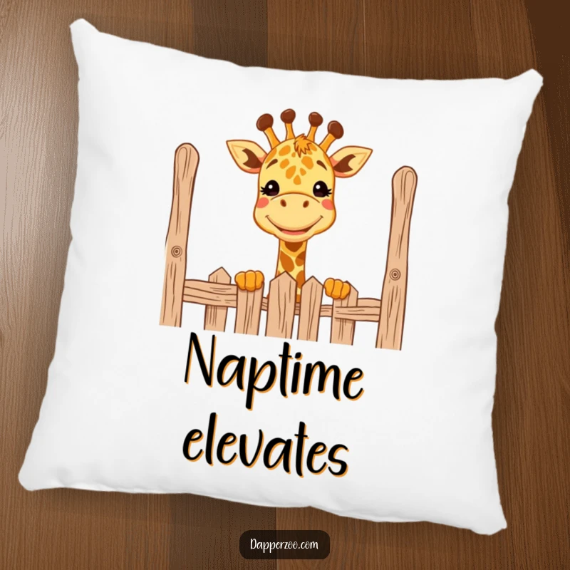 Funny giraffe pillow showing a grinning creature comically peeking over a tall fence, soft and decorative.