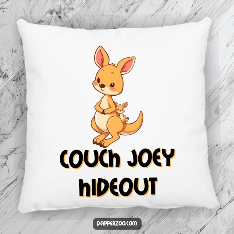 Funny pillow featuring a curious kangaroo hopping with a tiny joey in its pouch, adding a touch of warmth and humor.