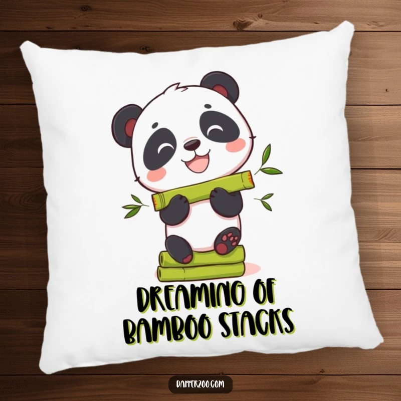 Funny panda pillow, a soft cushion with a grinning bear character balancing a stack of bamboo.