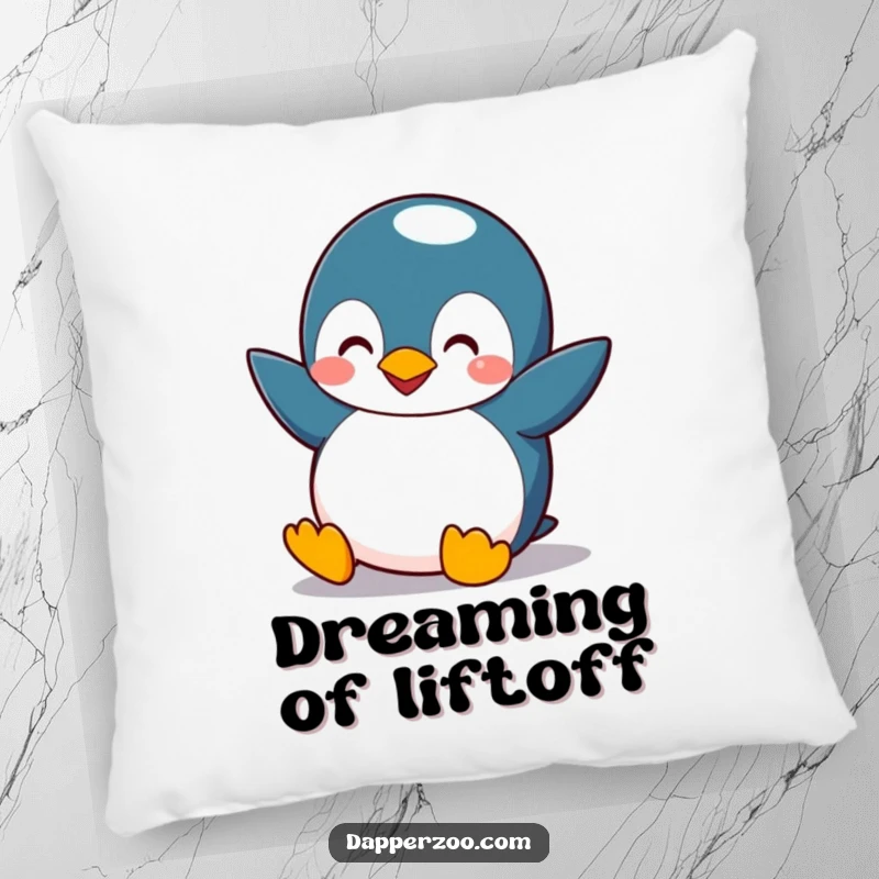 Funny penguin pillow showing a comical bird with tiny wings flapping, attempting flight with a silly expression, soft and decorative.