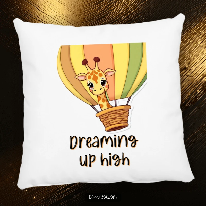 Funny giraffe pillow featuring a curious giraffe character peeking over a giant, colorful hot air balloon basket for soft comfort.