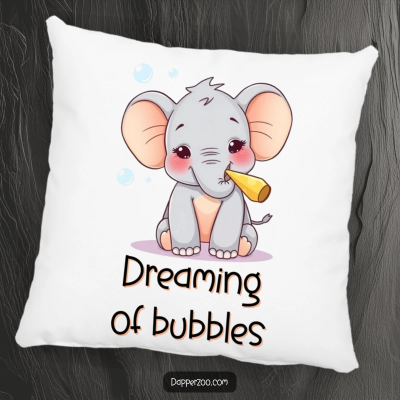 Funny pillow featuring a curious elephant calf blowing bubbles with delight using a tiny party blower, perfect for cuddling.