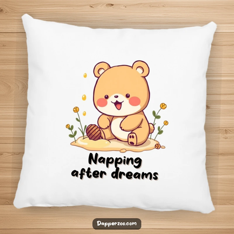 Funny Kawaii bear character digging for imaginary honey on a plush pillow, offering comfort and a whimsical, sweet vibe.