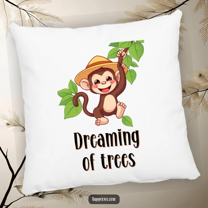Funny monkey pillow, tiny oversized safari hat, grinning and swinging from a vine, offering humorous comfort and an adventurous accent.