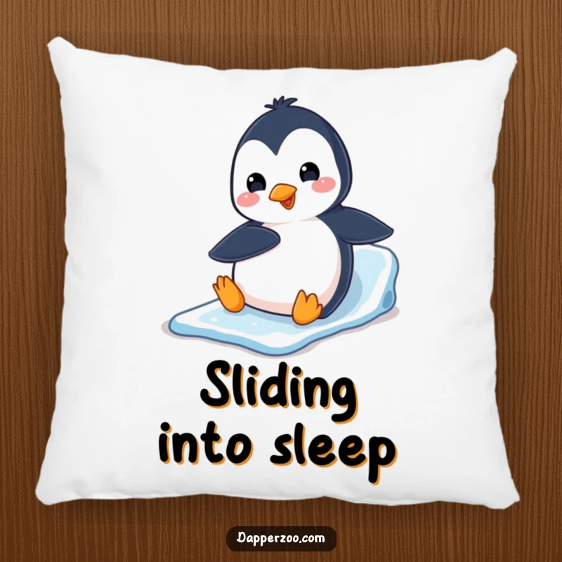 A playful penguin slides down an ice slide on its belly, featured on this soft and funny pillow.