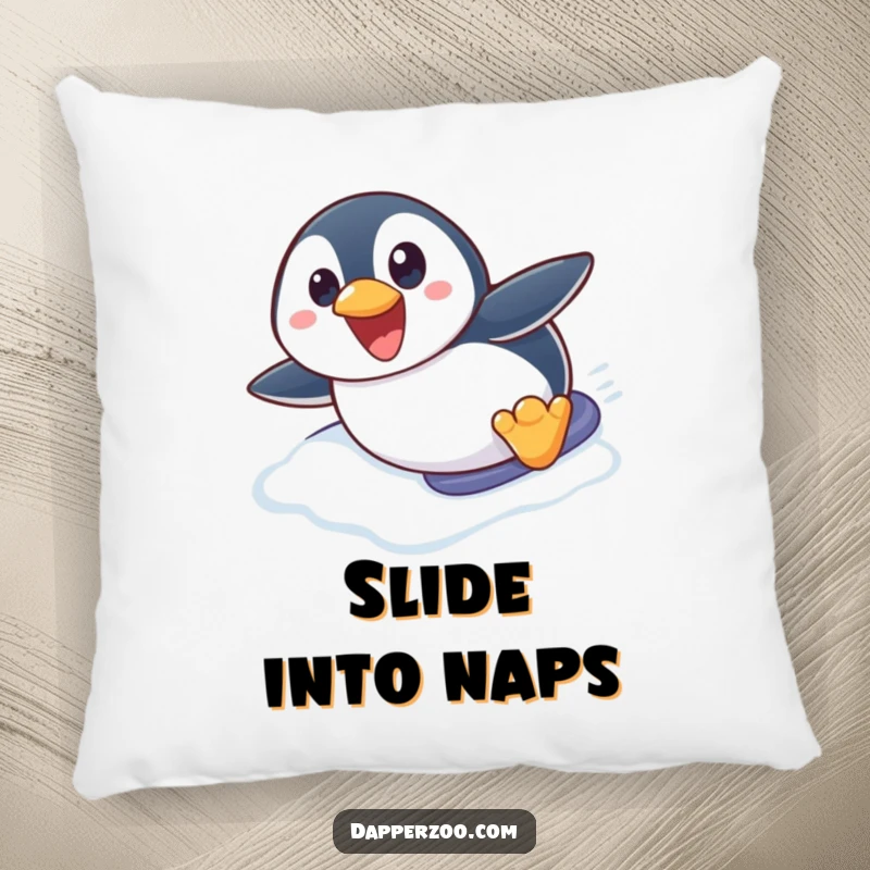 Funny penguin pillow featuring a cute penguin character with wide eyes, hilariously sliding belly-first down an icy slope for comfort.