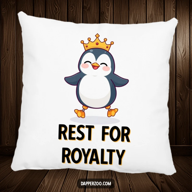 Funny penguin pillow, tiny ill-fitting crown, giggling and waddling on stilts, offering humorous comfort and a regal decorative accent.