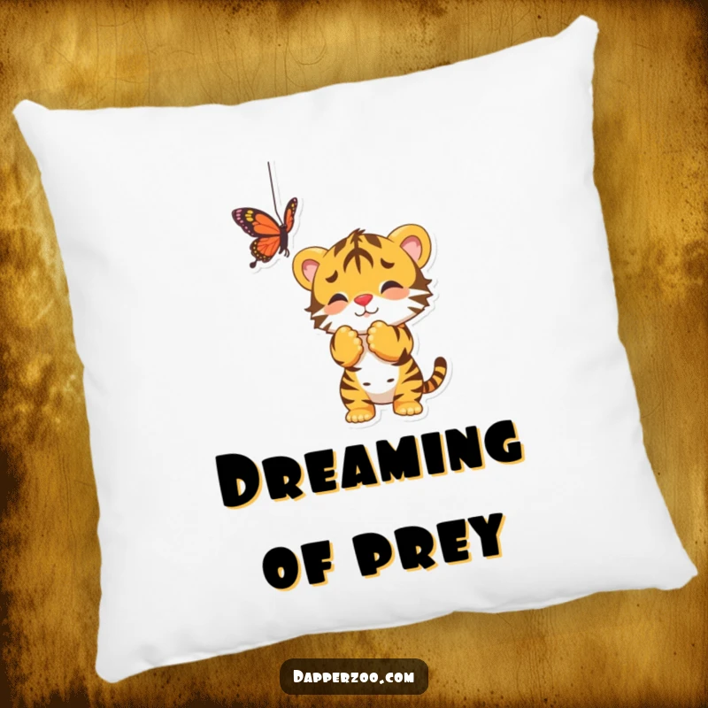 Funny pillow featuring a playful tiger cub batting at a dangling butterfly, adding a touch of cozy jungle fun.