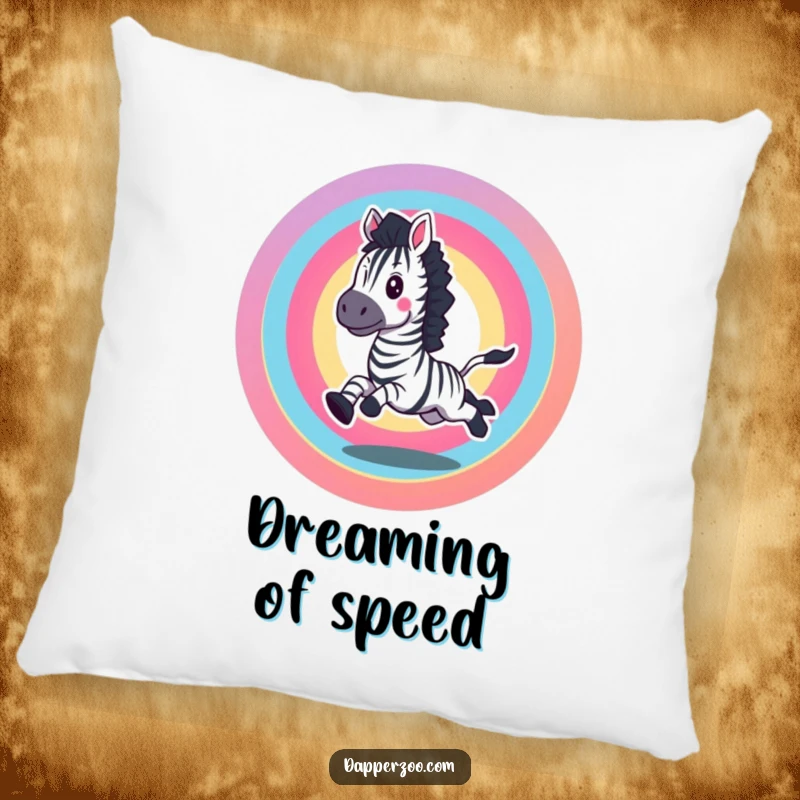 Funny pillow featuring an excited zebra galloping in a rainbow circle, a cheerful and funny gift.