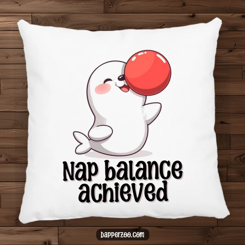Funny pillow featuring a happy seal balancing a big red ball on its nose, adding a touch of playful charm and comfort.