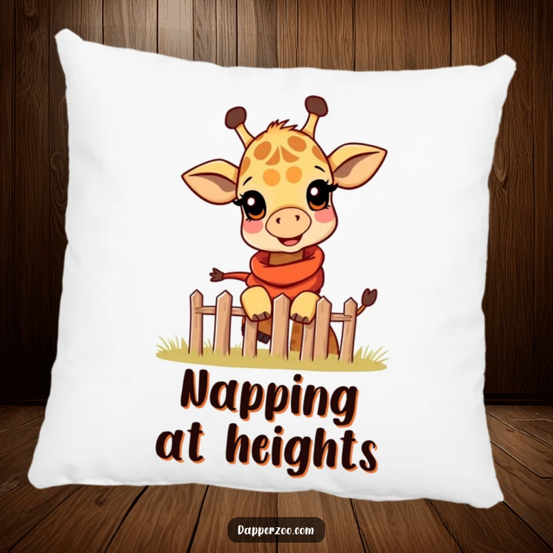 Funny pillow featuring a happy giraffe calf in a tiny scarf, playfully peeking over a miniature fence, perfect for comfort.