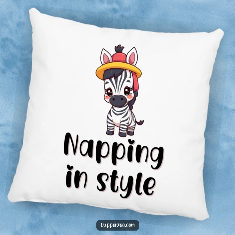 Funny pillow featuring a proud zebra comically trying on a brightly colored hat, adding a touch of whimsical style.