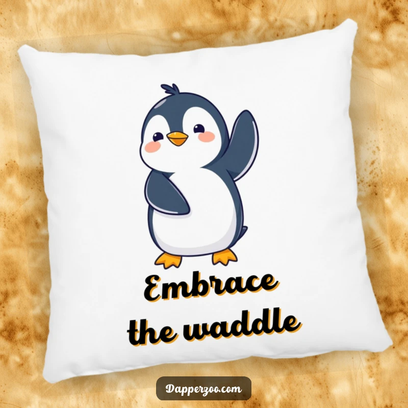 Funny kawaii penguin pillow featuring a cute penguin comically waddling with flippers in the air, offering comfort and quirky charm.