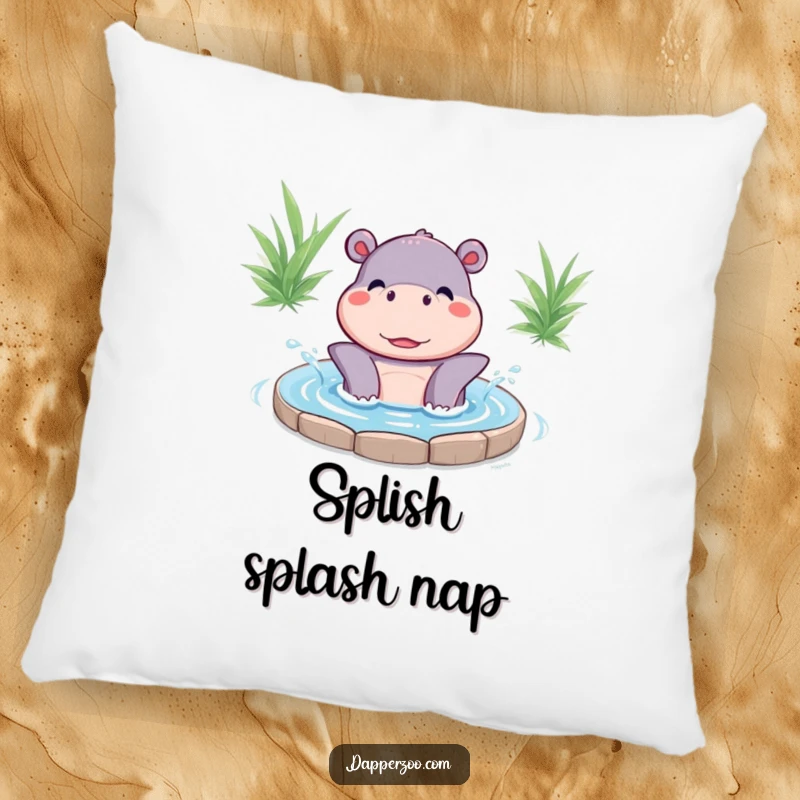 Funny Kawaii hippo character happily splashing water on a plush pillow, offering comfort and a whimsical, joyful vibe.