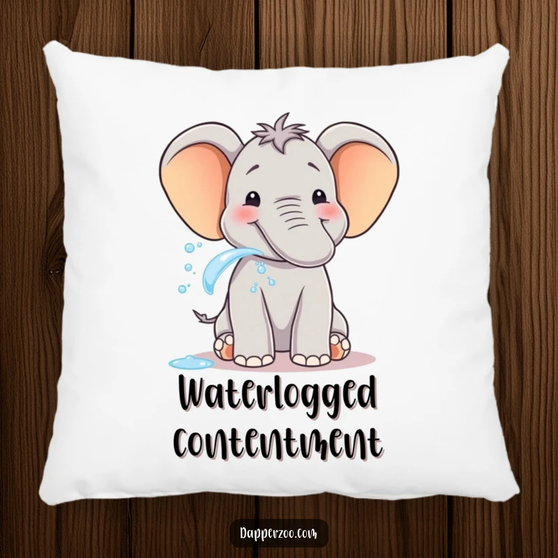 Funny elephant pillow showing a smiling animal spraying water from its trunk with delight, soft and decorative.