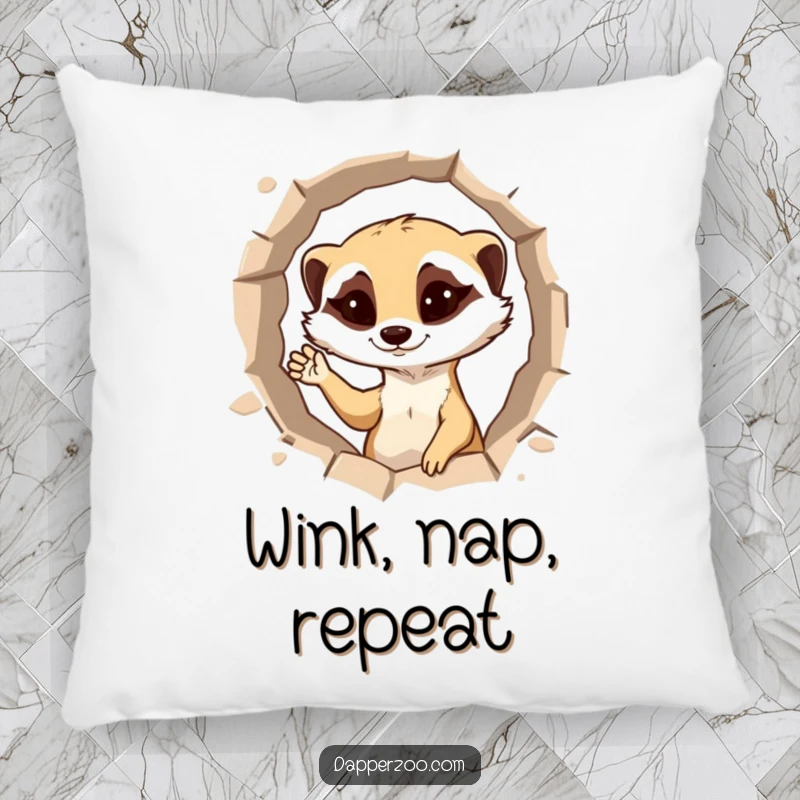 Funny meerkat pillow, a soft cushion featuring a mischievous meerkat popping up, winking and waving.
