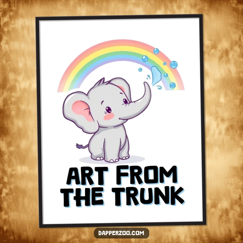 Funny tiny elephant character spraying water from its trunk to create a rainbow, as a humorous digital art print.