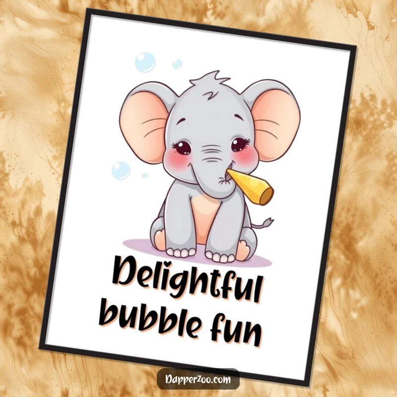 Funny digital art print of a curious elephant calf blowing bubbles with delight using a tiny party blower.