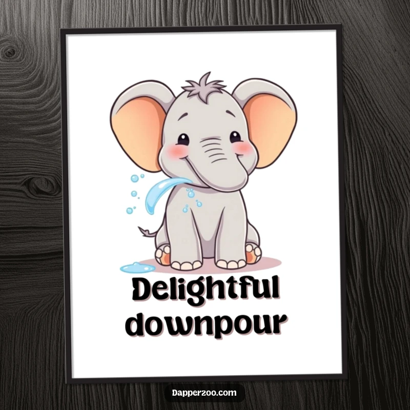 Funny elephant digital art print of a smiling creature spraying water from trunk with pure delight, cheerful design.