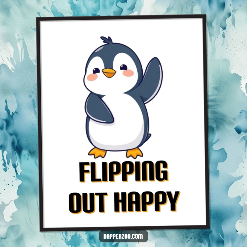 Funny kawaii penguin digital art print of a cute penguin comically waddling with flippers in the air, offering instant comical decor.