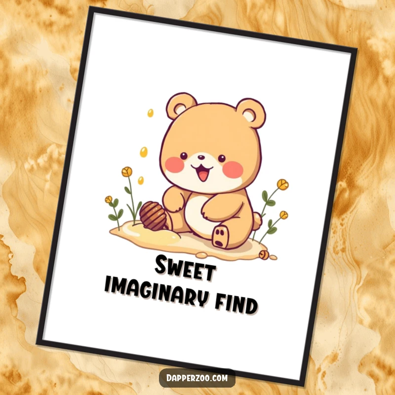 Funny Kawaii bear character’s eager honey digging pose captured in a digital art print, delivering sweet and humorous visual delight.