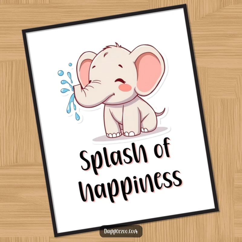 Funny kawaii elephant digital art print of a cute elephant joyfully spraying water from its trunk, offering instant playful decor.