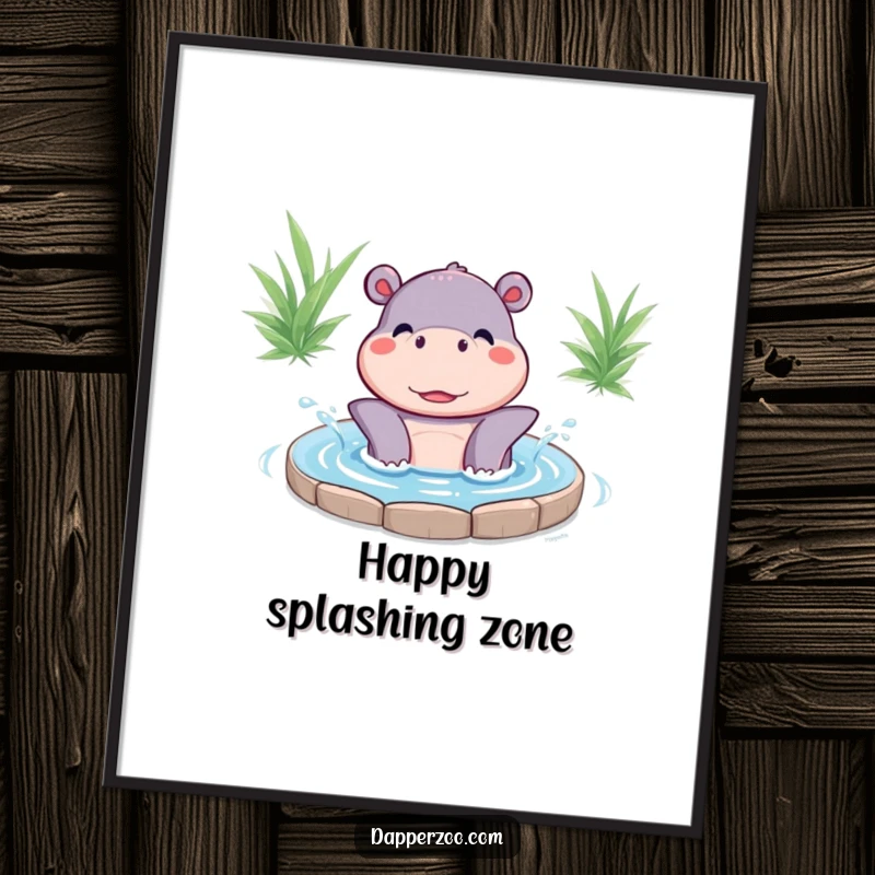 Funny Kawaii hippo character’s happy splashing pose captured in a digital art print, delivering joyful and humorous visual delight.