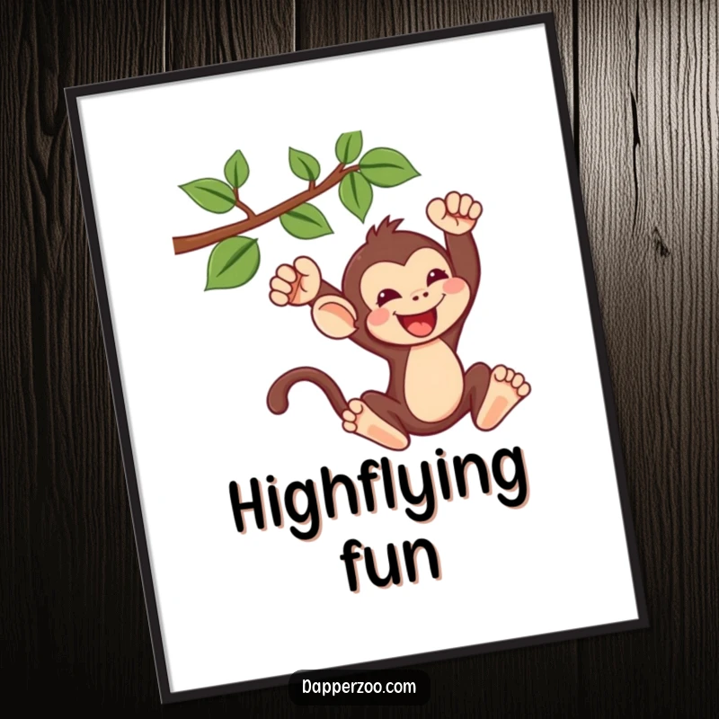 Funny kawaii monkey digital art print of a cute monkey gleefully swinging from a vine, offering instant playful decor.