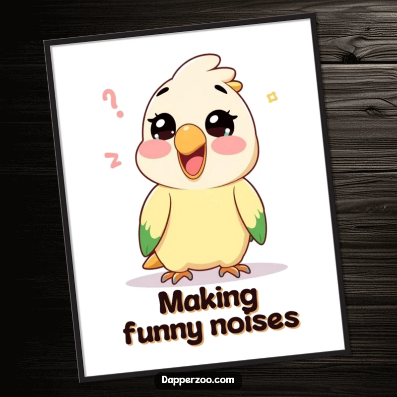 Funny Kawaii parrot character’s gleeful mimicry captured in a digital art print, delivering vocal and humorous visual delight.