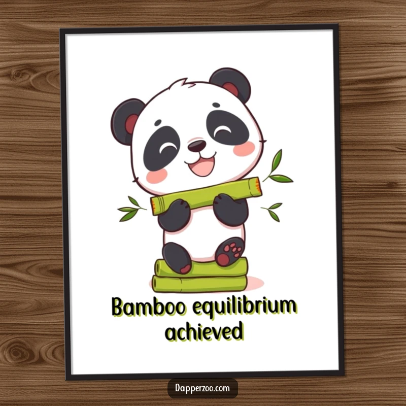 Funny panda digital art print showcasing a curious bear with a wide grin, balancing bamboo.