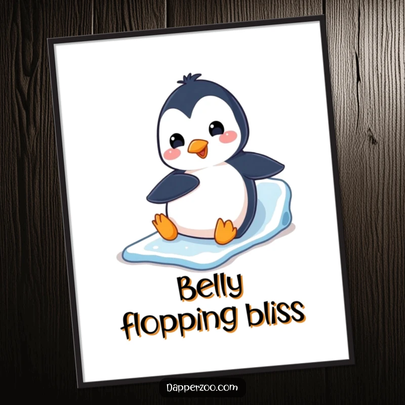 Funny penguin character excitedly sliding down an ice slide on its belly, as a humorous digital art print.