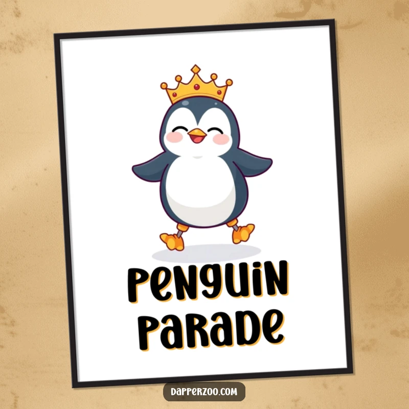 Funny penguin character digital art print, wearing a tiny ill-fitting crown, giggling and attempting to waddle on stilts, capturing regal comedy.