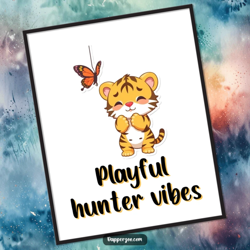 Funny digital art print of a playful tiger cub batting at a dangling butterfly, radiating youthful energy and charm.