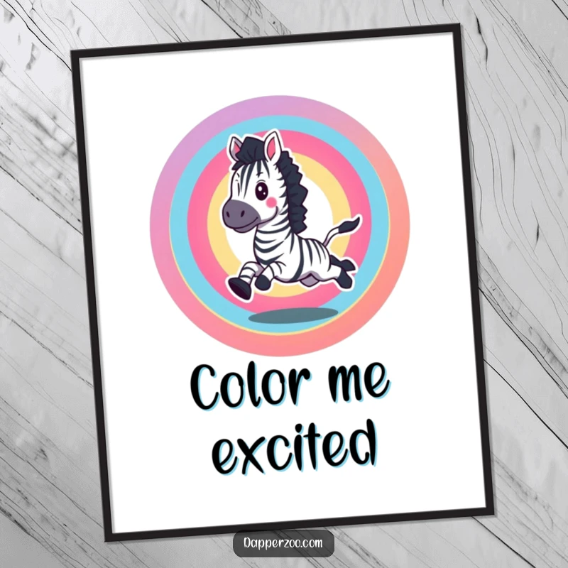 Funny digital art print of an excited zebra galloping in a vibrant rainbow circle, perfect for decor.