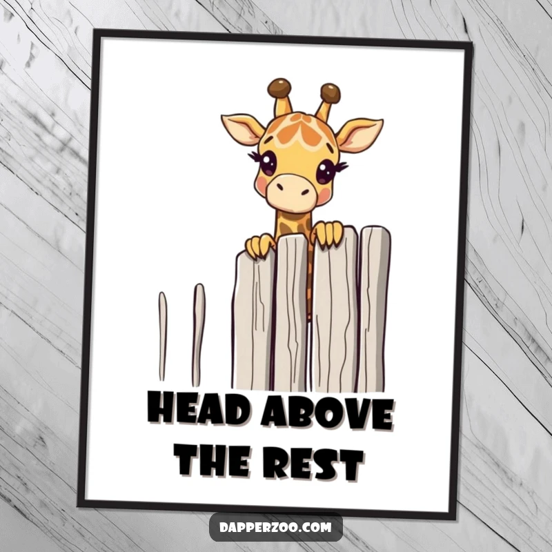 Funny giraffe character curiously peeking over a tall, comically thin fence, as a humorous digital art print.